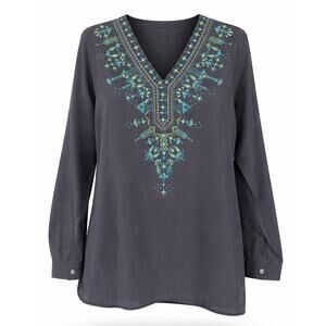 Sigrid Olsen Signature Silk Tunic Blouse Embroidered V-Neck Boho Gray - Small